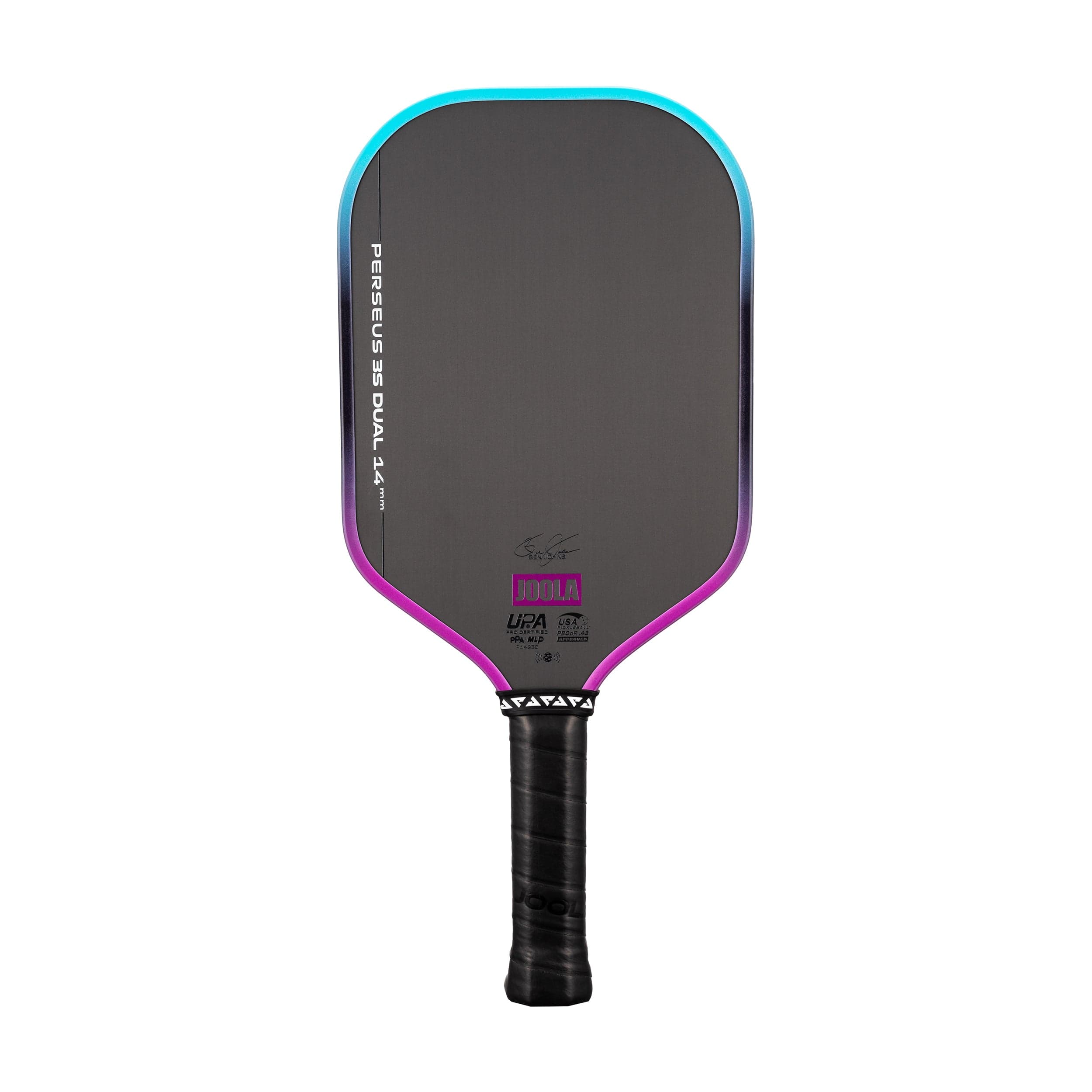 Pickleball paddle with black and purple design on a white background
